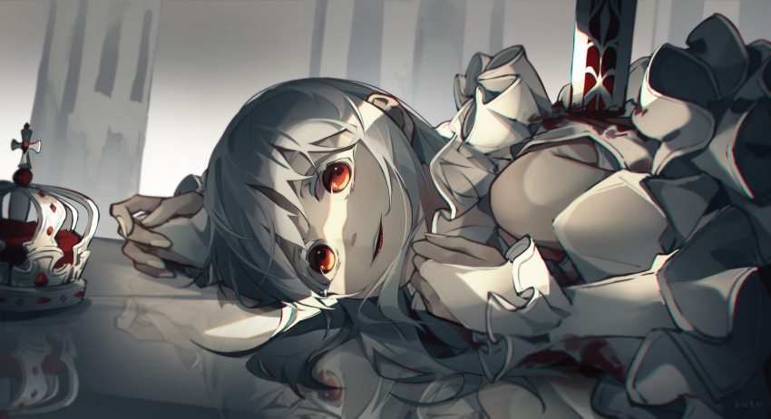 1girl absurdres bangs blood crown dress eyebrows_behind_hair eyebrows_visible_through_hair hair_between_eyes highres indoors looking_at_viewer lying open_mouth original qi_zhong_ji red_eyes reflection reflective_floor silver_hair smile solo white_dress yandere
