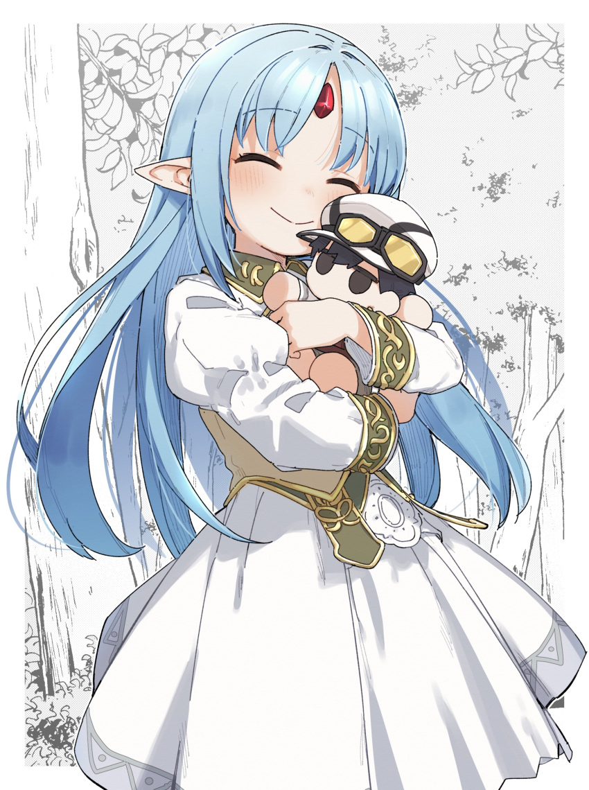 1girl absurdres blue_hair blush character_doll closed_eyes collared_dress commentary_request commission dress el_mofus_(rance_10) forehead_jewel forest goggles gold_trim hat highres holding holding_stuffed_toy long_hair monochrome_background nature object_hug outdoors pointy_ears rance_(series) rance_10 rance_quest reset_kalar skeb_commission smile stuffed_toy tree upper_body yukie_(kusaka_shi)