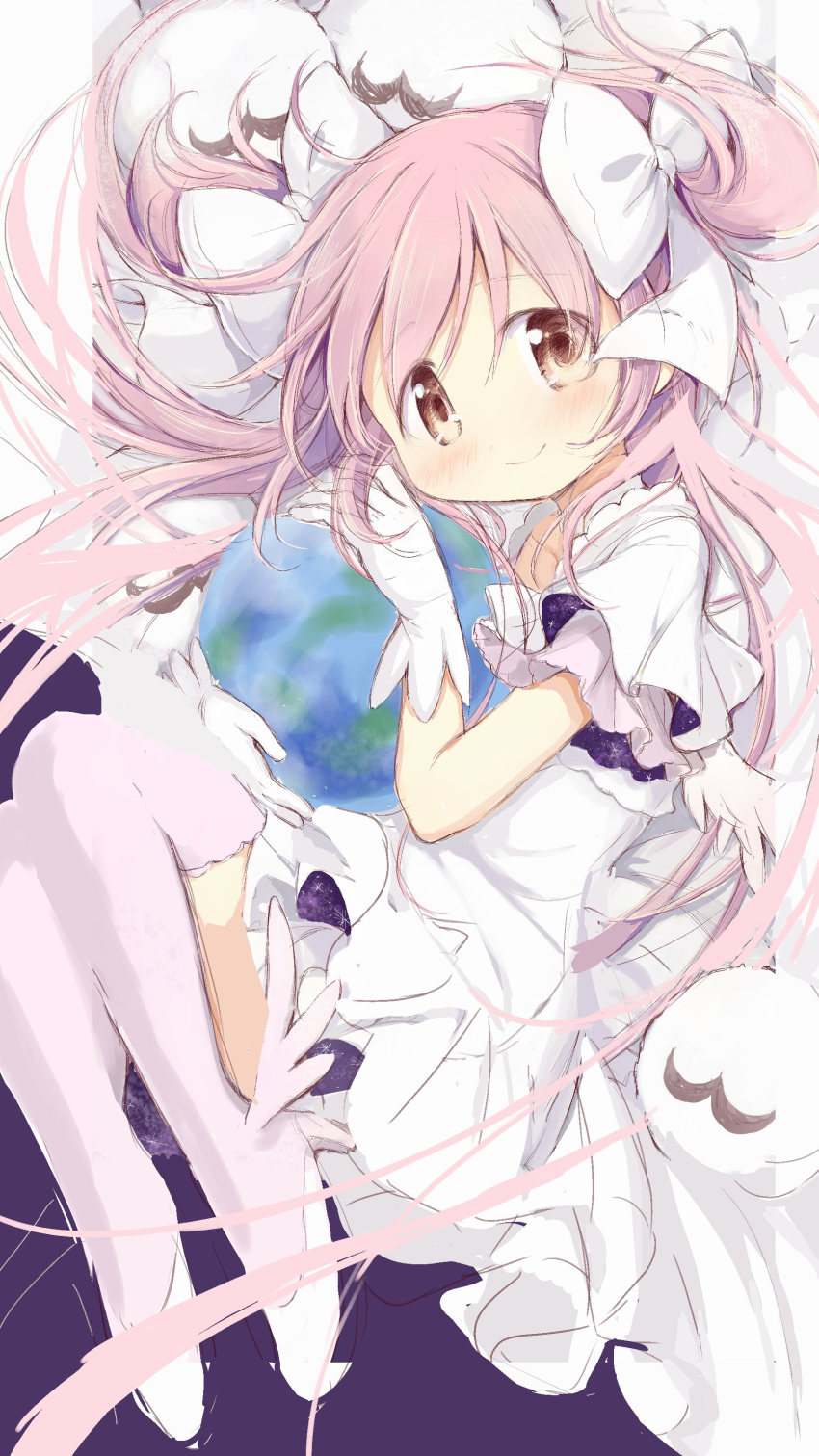 absurdres blush breast_cutout cleavage_cutout clothing_cutout clothing_request dress earth_(planet) eyebrows_visible_through_hair frilled_dress frills gesture_request gloves goddess_madoka hair_ribbon highres hitode layered_dress layered_shirt layered_sleeves long_hair looking_at_viewer looking_away looking_to_the_side lying mahou_shoujo_madoka_magica object_hug on_side pink_hair pink_legwear planet pleated_skirt ribbon short_sleeves skirt smile thigh-highs two_side_up very_long_hair white_dress white_gloves white_ribbon winged_footwear yellow_eyes