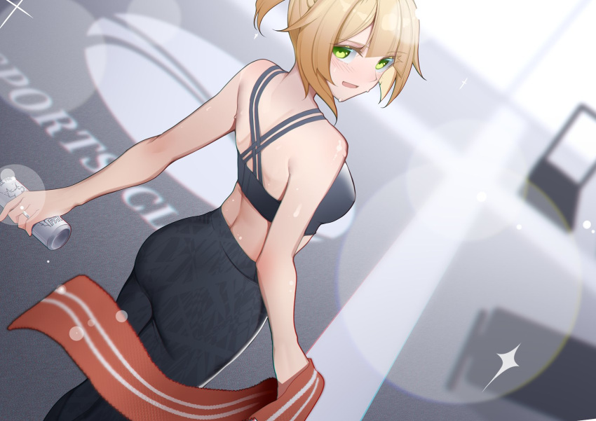 1girl black_pants black_sports_bra blonde_hair can commission from_behind girls_frontline green_eyes high-waist_pants highres holding holding_can jewelry looking_at_viewer looking_back open_mouth pants ring short_hair skeb_commission smile solo sports_bra sweat tight tight_pants towel warashi wedding_band welrod_mkii_(girls'_frontline) yoga_pants
