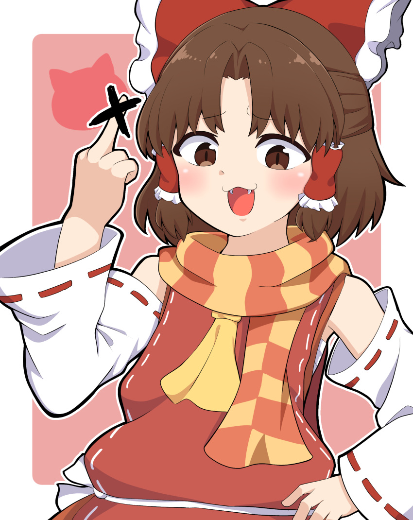 1girl :3 :d absurdres ascot bangs benikurage_(cookie) blush bow brown_eyes brown_hair commentary_request cookie_(touhou) detached_sleeves eyebrows_visible_through_hair fangs frilled_bow frills hair_bow hair_tubes hakurei_reimu half_updo highres looking_at_viewer middle_finger open_mouth orange_scarf parted_bangs red_bow red_shirt ribbon-trimmed_sleeves ribbon_trim sarashi scarf shirt short_hair sleeveless sleeveless_shirt smile solo striped striped_scarf totozame touhou upper_body white_sleeves yellow_ascot yellow_scarf
