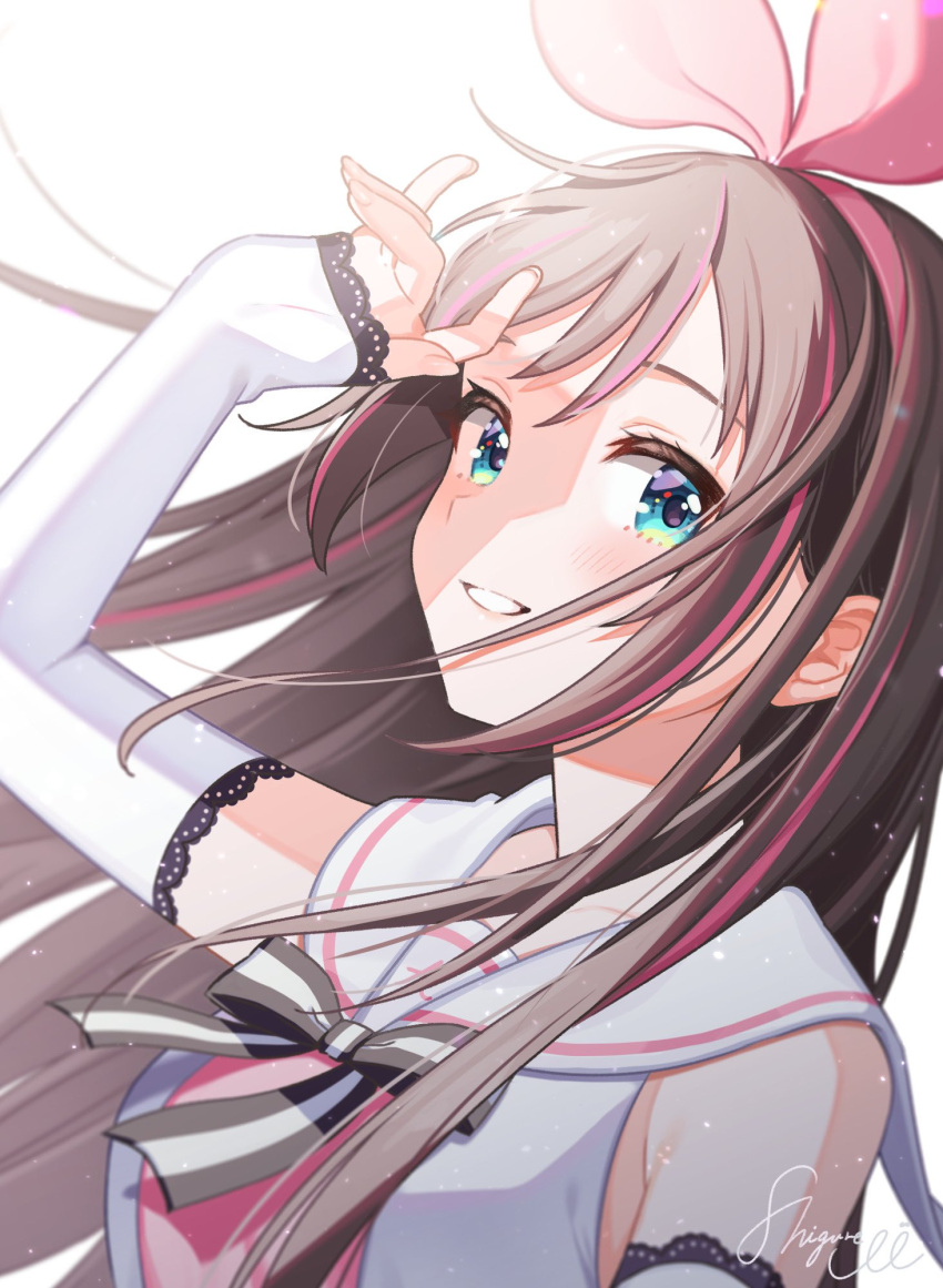 1girl bangs bare_shoulders blue_eyes blush brown_hair detached_sleeves eyebrows_visible_through_hair from_side hairband highres kizuna_ai kizuna_ai_inc. lace-trimmed_sleeves lace_trim long_hair looking_at_viewer multicolored_hair parted_lips pink_hair pink_hairband sailor_collar shigure_ui sleeves_past_wrists smile solo streaked_hair virtual_youtuber white_sailor_collar white_sleeves wind