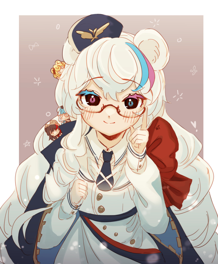 ._. 4girls animal_ears arknights bear_ears bespectacled blonde_hair blue_cape blue_eyes blue_hair blue_headwear blue_necktie blush border bow brown_background brown_hair buttons cape chibi coat glasses gummy_(arknights) hand_on_eyewear heterochromia highres istina_(arknights) long_hair looking_at_viewer minigirl monocle multicolored_hair multiple_girls necktie outside_border red_bow red_eyes redhead ret_(tiiuu) rosa_(arknights) semi-rimless_eyewear simple_background smile streaked_hair under-rim_eyewear upper_body ursus_empire_logo very_long_hair white_border white_coat white_hair zima_(arknights)