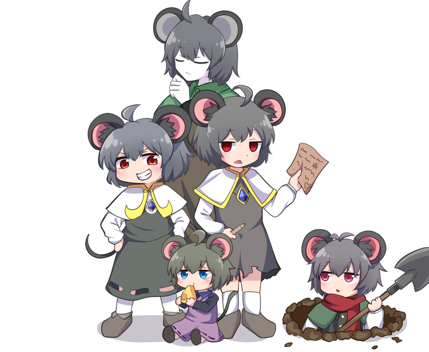5girls ahoge animal_ears bangs blush brown_dress capelet cheese closed_eyes closed_mouth colored_skin commentary_request cookie_(touhou) crystal digging dress eating empty_eyes expressionless eyebrows_visible_through_hair fake_nyon_(cookie) food full_body green_capelet grey_dress grey_hair grey_skirt grey_vest grin highres holding holding_shovel jewelry kofji_(cookie) layered_clothing long_sleeves looking_at_viewer mouryou_(cookie) mouse_ears mouse_girl mouse_tail multiple_girls nazrin nyon_(cookie) open_mouth pendant purple_dress red_eyes red_scarf scarf shirt shoes short_hair shovel simple_background skirt skirt_set smile socks standing tail totozame touhou vest white_background white_capelet white_legwear white_shirt white_skin