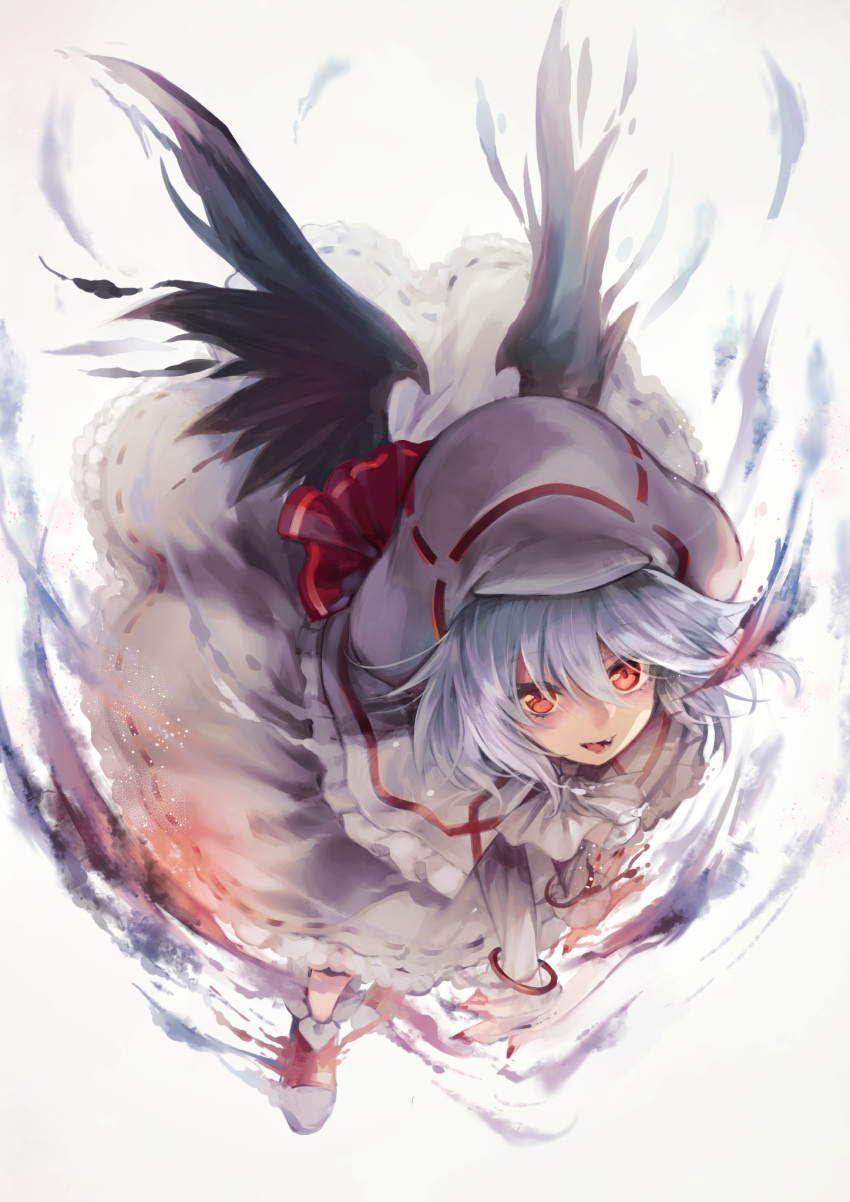 1girl alternate_wings bangs black_wings blue_eyes bracelet commentary_request curiosities_of_lotus_asia fang full_body hat highres jewelry looking_at_viewer nail_polish red_eyes red_nails red_ribbon remilia_scarlet ribbon ribbon-trimmed_skirt ribbon_trim shoes skirt smile smoke solo touhou white_background white_footwear white_headwear white_skirt wings yuki_(popopo)