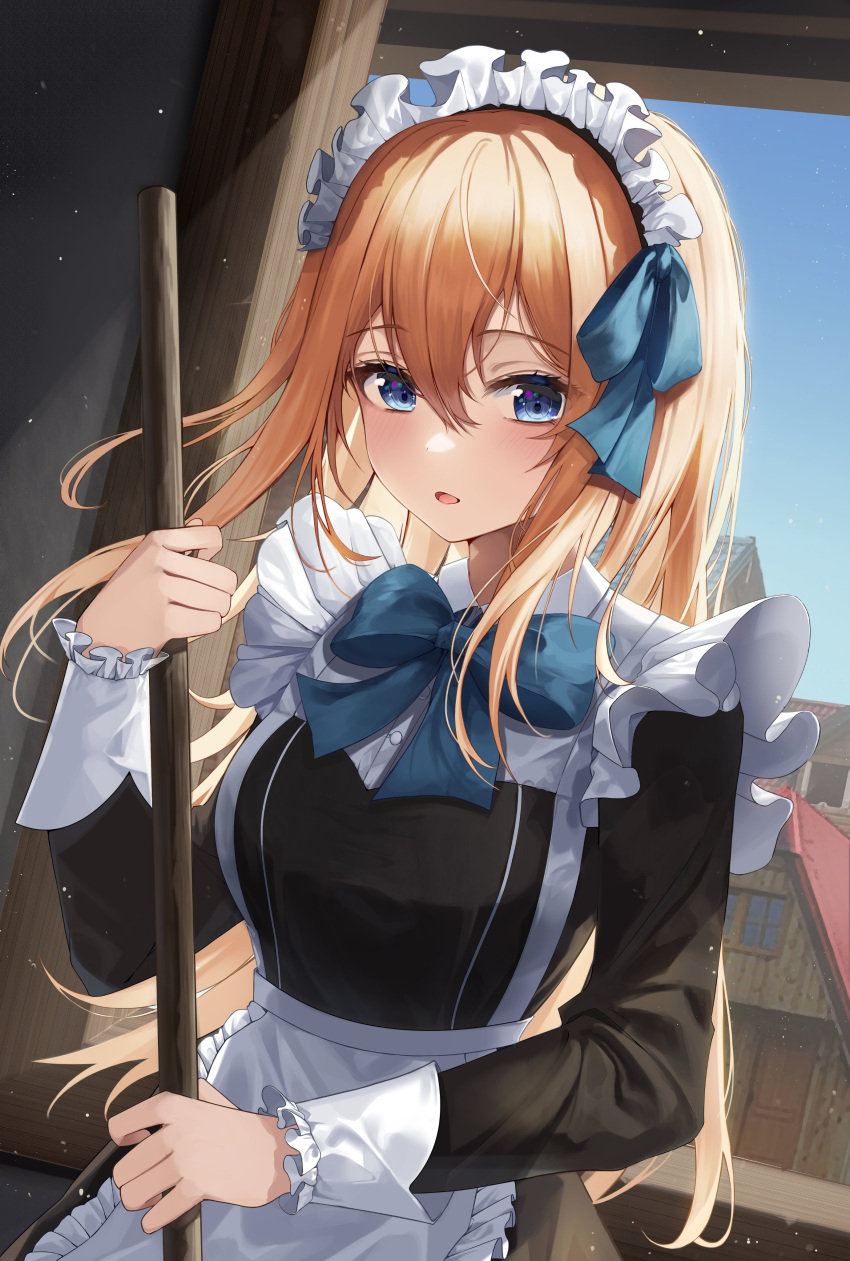 1girl absurdres apron bangs blonde_hair blue_bow blue_bowtie blue_eyes blush bow bowtie broom cleaning curtains highres holding holding_broom kimae long_hair long_sleeves looking_at_viewer maid maid_apron maid_headdress open_mouth original standing window