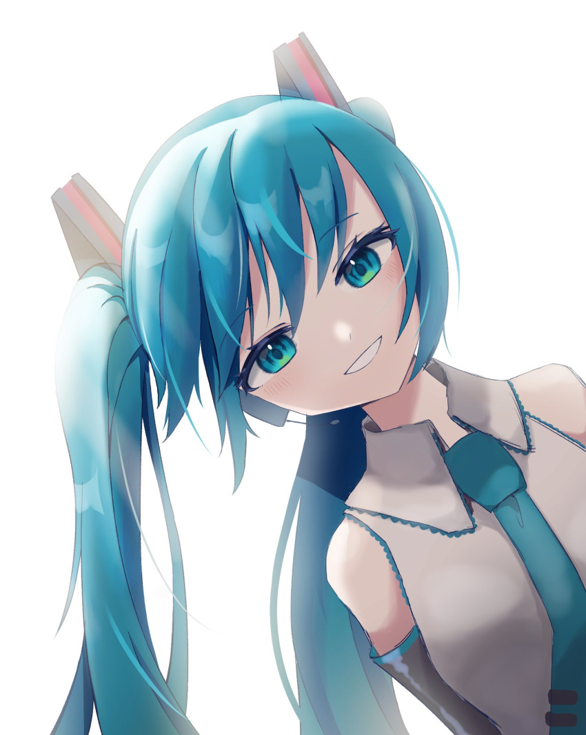 1girl aqua_eyes aqua_hair aqua_ribbon backlighting bare_shoulders black_sleeves bloom commentary detached_sleeves grey_shirt grin hair_ornament hatsune_miku highres leaning_to_the_side long_hair looking_at_viewer necktie ribbon shirt sleeveless sleeveless_shirt smile solo twintails upper_body very_long_hair vocaloid white_background yasai31