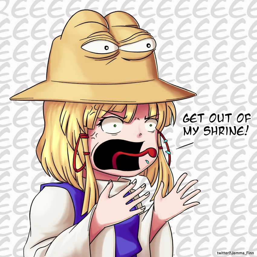 1girl angry bangs blonde_hair commentary english_text eyebrows_visible_through_hair green_eyes hair_ribbon highres jemmafinn long_sleeves medium_hair moriya_suwako open_mouth parted_bangs pepe_the_frog purple_vest pyonta red_ribbon ribbon screaming shirt solo tongue tongue_out touhou turtleneck upper_body v-shaped_eyebrows vest white_background white_shirt wide_sleeves yellow_eyes