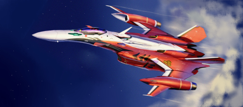 aircraft airplane asterozoa canopy_(aircraft) clouds fighter_jet flying highres jet macross macross_frontier macross_frontier:_sayonara_no_tsubasa mecha military military_vehicle motion_blur no_humans science_fiction sky solo variable_fighter vehicle_focus yf-29