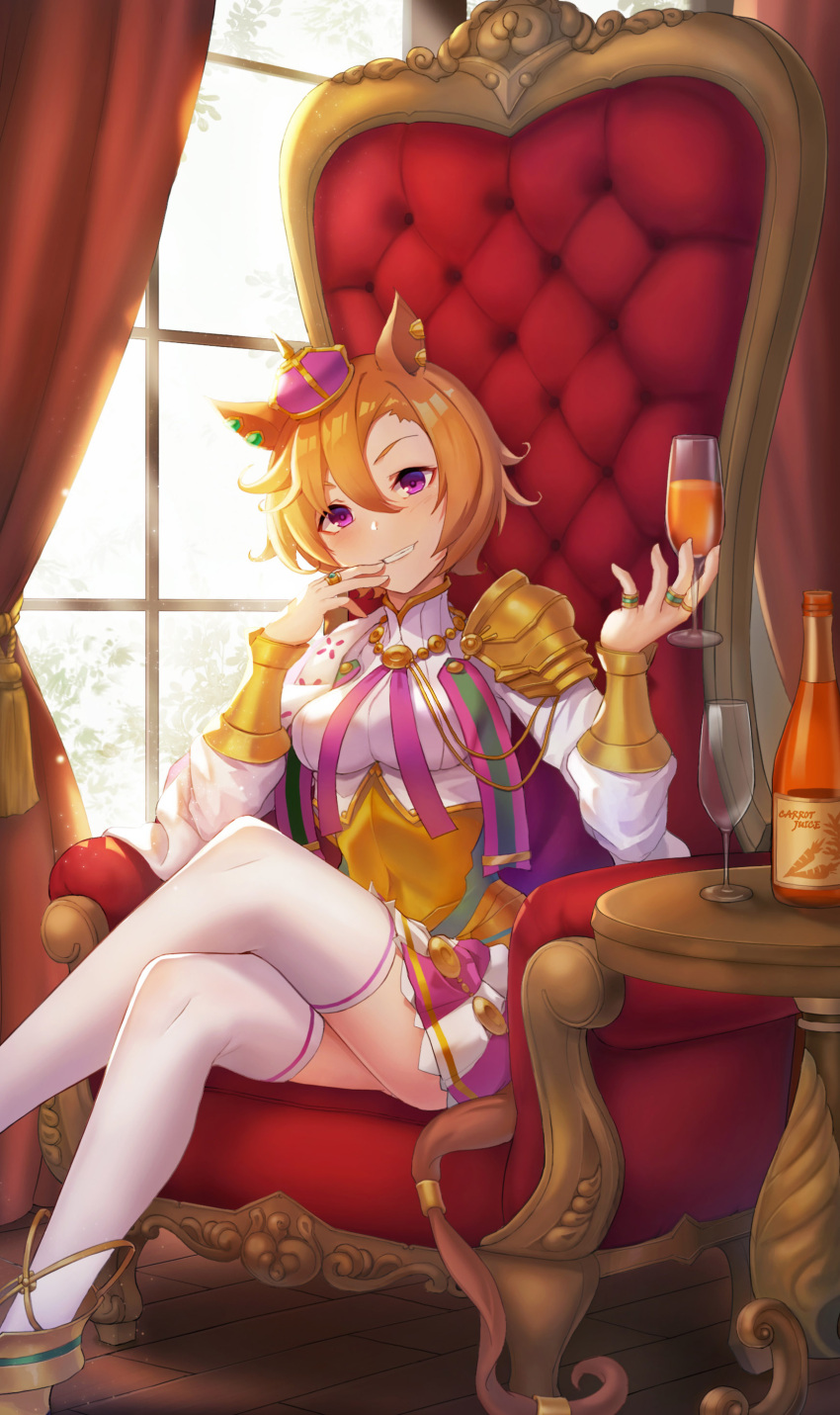 1girl absurdres animal_ears armor bangs bottle breasts champagne_flute corset covered_navel crossed_legs crown cup curtains drinking_glass ear_piercing feet_out_of_frame highres holding holding_cup horse_ears horse_girl horse_tail indoors jewelry looking_at_viewer medium_breasts mini_crown multiple_rings orange_hair piercing ring shirt short_hair shoulder_armor sitting skirt smile solo t.m._opera_o_(umamusume) table tail teeth thigh-highs throne umamusume violet_eyes vococo white_legwear white_shirt window