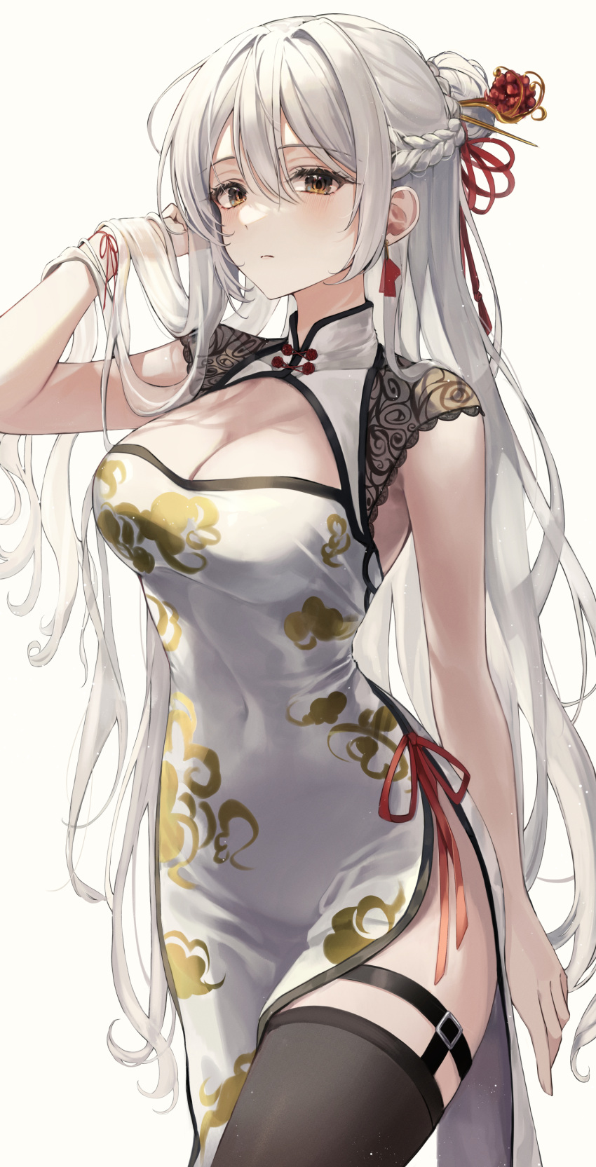 1girl absurdres bare_arms bare_shoulders between_legs black_legwear blush bow braid breasts china_dress chinese_clothes covered_navel dress ekina_(1217) floral_print flower flower_knot grey_eyes hair_bun hair_ornament hair_ribbon hairpin halterneck hand_in_hair highres long_hair looking_at_viewer medium_breasts no_panties original pelvic_curtain red_bow red_ribbon ribbon side_slit silver_hair sleeveless sleeveless_dress solo standing symbol-only_commentary taut_clothes taut_dress thigh-highs thighs very_long_hair white_background white_dress white_hair wrist_cuffs