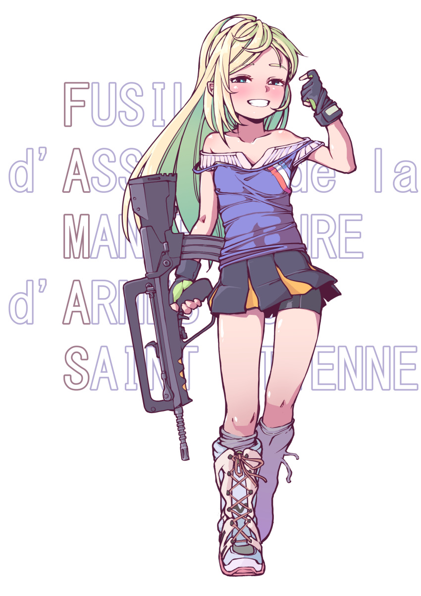 1girl assault_rifle bare_shoulders bike_shorts_under_skirt blonde_hair blush boots bullpup character_name contrapposto cross-laced_footwear famas famas_(girls'_frontline) fingerless_gloves french_text girls_frontline gloves green_eyes grey_legwear gun highres jarv knee_boots lace-up_boots long_hair looking_at_viewer loose_socks pointing pointing_at_self rifle smile solo weapon white_background