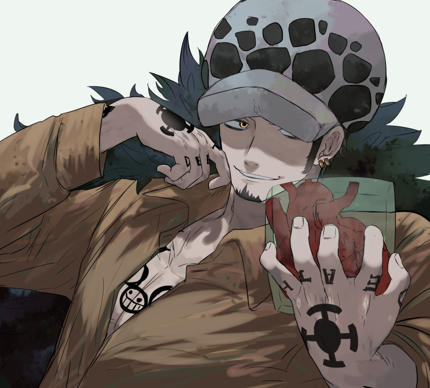 1boy absurdres chacoma facial_hair fur_coat fur_hat hands_up hat heart_(organ) highres holding male_focus one_piece sleeves_rolled_up smile solo tattoo trafalgar_law