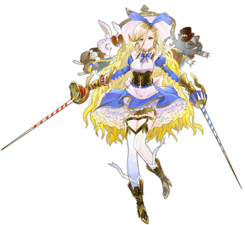 1girl alice_(ark_order) animal_ears apron ark_order asymmetrical_legwear back_bow bandaged_leg bandages blonde_hair blue_bow blue_eyes blue_skirt book boots bow bowtie braid brown_footwear cat center_frills corset crown cup dual_wielding earrings fake_animal_ears fire food frilled_skirt frills full_body garter_straps hat holding holding_sword holding_weapon horizontal_stripes jewelry juliet_sleeves long_hair long_sleeves looking_at_viewer mini_crown mismatched_legwear monocle official_art pocket_watch pppppan puffy_sleeves rabbit rabbit_ears shirt skirt solo spade_(shape) striped striped_legwear sword tachi-e thigh-highs thigh_strap top_hat transparent_background vertical-striped_legwear vertical_stripes very_long_hair watch weapon white_apron white_bow white_shirt