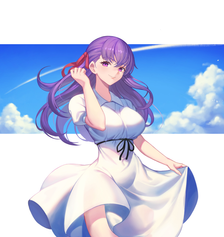 1girl absurdres bangs blue_sky breasts closed_mouth clouds cloudy_sky commentary_request dress eyebrows_visible_through_hair fate/stay_night fate_(series) hair_ornament hand_up highres lips long_hair looking_at_viewer matou_sakura medium_breasts nolan puffy_short_sleeves puffy_sleeves purple_hair shiny shiny_hair short_sleeves simple_background skirt_hold sky smile tied_hair violet_eyes white_dress