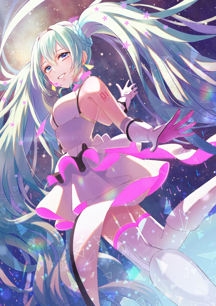 1girl absurdres arm_tattoo azaka_(pipponao) bangs blue_eyes blue_hair dress earrings floating_hair gloves grin hair_between_eyes hatsune_miku highres jewelry long_hair looking_at_viewer looking_down short_dress smile solo standing standing_on_one_leg tattoo thigh-highs twintails very_long_hair vocaloid white_dress white_gloves white_legwear zettai_ryouiki