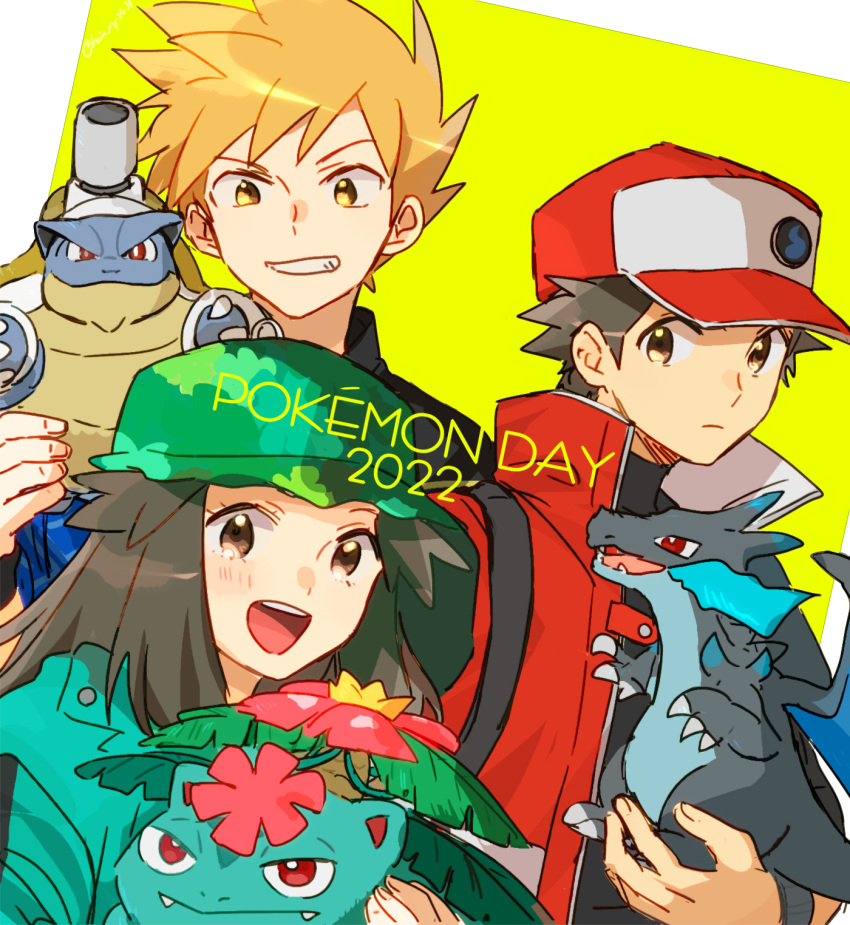 1girl 2022 2boys anniversary bangs baseball_cap blastoise blue_jacket blue_oak brown_eyes brown_hair buttons camouflage_hat character_doll charizard closed_mouth coat commentary_request copyright_name dated doll fangs green_headwear green_jacket grin hat highres hinata_(h_in_ryo2639) holding holding_doll jacket leaf_(pokemon) looking_at_viewer mega_blastoise mega_charizard_x mega_pokemon mega_venusaur multiple_boys official_alternate_costume open_mouth pokemon pokemon_(game) pokemon_masters_ex red_(pokemon) red_coat red_headwear short_hair sleeveless_coat smile spiky_hair strap venusaur yellow_background