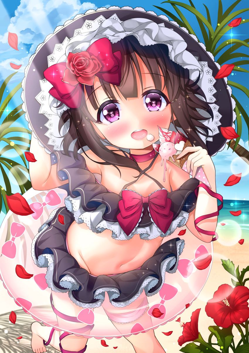 1girl absurdres armpits bangs beach belly bikini black_headwear black_swimsuit blush bow brown_hair choker commission commissioner_upload criss-cross_halter eating eyebrows_visible_through_hair fallenshadow feet flat_chest flower food food_on_face frilled_bikini frills garter_straps hair_bow halterneck hand_on_headwear hat highres holding holding_clothes holding_food holding_hat ice_cream ice_cream_cone ice_cream_cone_spill indie_virtual_youtuber innertube large_hat looking_at_viewer mumu_(mori_rin930) navel ocean open_mouth outdoors palm_tree petite pink_bow pink_eyes ribbon short_hair skeb_commission sky smile solo solo_focus standing standing_on_one_leg summer sun_hat swimsuit swimsuit_skirt tree virtual_youtuber