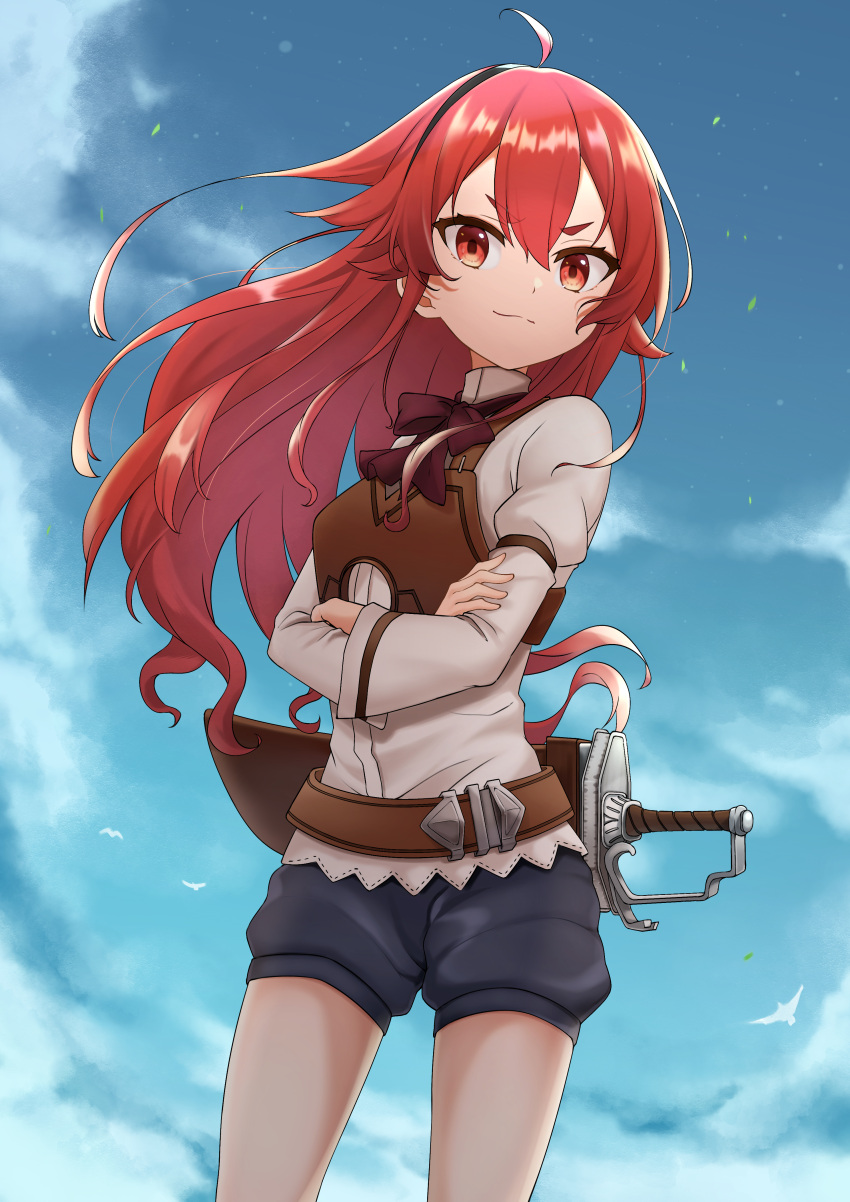 1girl :3 absurdres ahoge bangs black_hairband blue_sky bow bowtie closed_mouth crossed_arms day dress_shirt eris_greyrat floating_hair grey_shorts hair_between_eyes hairband highres long_hair long_sleeves looking_at_viewer mushoku_tensei outdoors red_bow red_bowtie red_eyes redhead sheath sheathed shiny shiny_hair shirt short_shorts shorts sky smile solo standing stock-world sword v-shaped_eyebrows very_long_hair weapon white_shirt