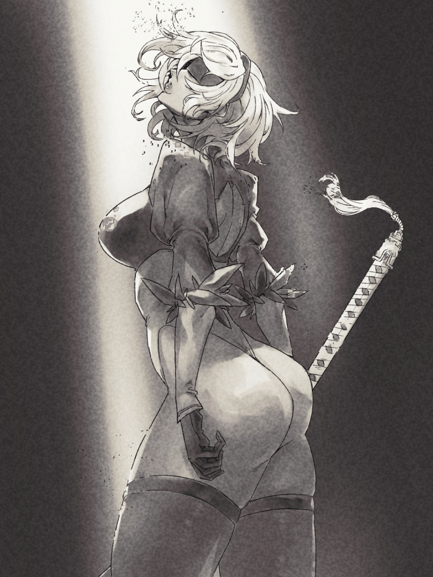 1girl ass bangs blindfold breasts commentary feather_trim from_side gloves greyscale hair_ornament hairband highleg highleg_leotard highres holding leotard light lips long_sleeves looking_up medium_breasts minew monochrome nier_(series) nier_automata puffy_sleeves short_hair simple_background thigh-highs thighs yorha_no._2_type_b