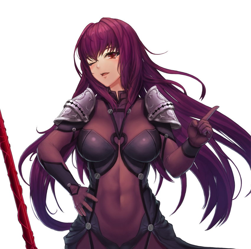 1girl abs armor bangs bodysuit breasts covered_navel fate/grand_order fate_(series) finger_gun hair_intakes hand_on_hip highres large_breasts long_hair navel one_eye_closed open_mouth polearm purple_bodysuit purple_hair red_eyes scathach_(fate) smile solo spear usd_(wwkr2537) very_long_hair weapon
