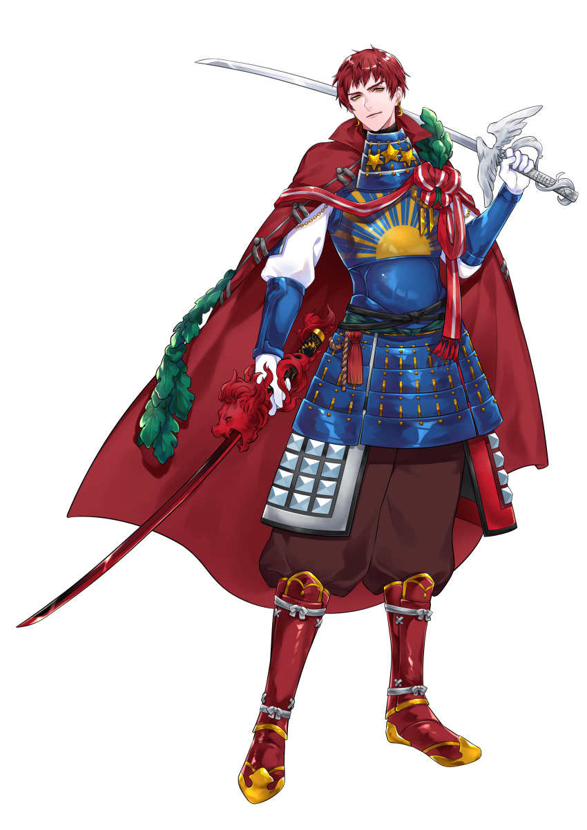 1boy absurdres armor artist_request blue_armor check_commentary cloak commentary_request dual_wielding earrings gloves gold_earrings highres holding holding_weapon japanese_armor japanese_clothes jewelry male_focus red_cloak red_eyes redhead samurai star_(symbol) sun_symbol sword tagme transparent_background weapon white_gloves world_flags