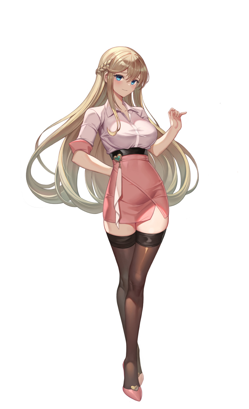 1girl absurdres arms_behind_back bangs blonde_hair blue_eyes breasts commentary high_heels highres long_hair looking_at_viewer medium_breasts nolan original pantyhose simple_background skirt sleeves_rolled_up thigh-highs tied_hair white_background zettai_ryouiki