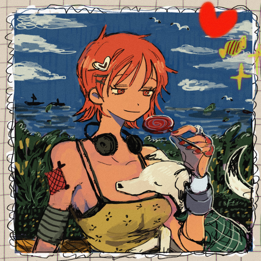 1girl bare_shoulders candy crop_top dog earphones food hair_between_eyes hair_ornament hairpin head_on_chest highres holding holding_candy holding_food holding_lollipop lollipop makenevemoiine nami_(one_piece) one_piece orange_eyes orange_hair print_shirt red_nails shirt short_hair sleeping sleeping_on_person sleeveless solo