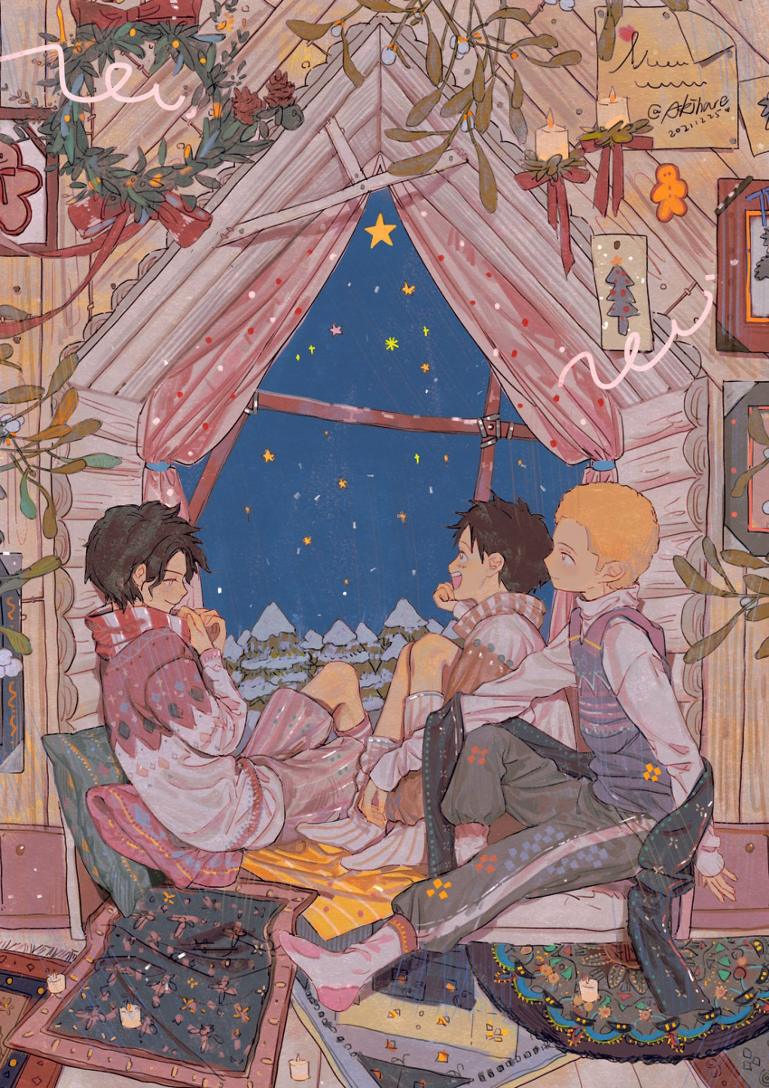 3boys akihare black_hair blonde_hair brothers candle carpet christmas christmas_wreath highres indoors long_sleeves male_focus monkey_d._luffy multiple_boys night one_piece portgas_d._ace sabo_(one_piece) scarf siblings smile window