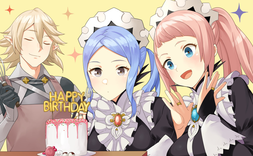 1boy 2girls absurdres armor bangs birthday birthday_cake black_dress blue_eyes blue_hair breasts bridal_gauntlets brooch cake candy center_frills closed_eyes closed_mouth commentary commission corrin_(fire_emblem) corrin_(fire_emblem)_(male) dress english_commentary felicia_(fire_emblem) fire_emblem fire_emblem_fates flora_(fire_emblem) food frills grey_eyes hair_between_eyes happy_birthday highres holding igni_tion jewelry maid maid_headdress medium_breasts multiple_girls open_mouth pink_hair pointy_ears ponytail siblings silver_hair sisters smile twins twintails upper_body yellow_background