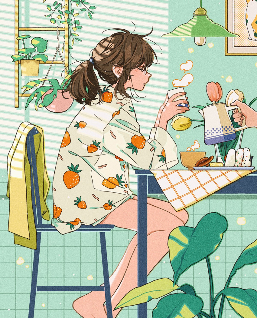 1girl barefoot brown_hair chair closed_eyes cup facing_away facing_to_the_side from_side glasses highres holding holding_cup indoors keishin long_sleeves messy_hair original plant plate potted_plant short_hair sitting solo table