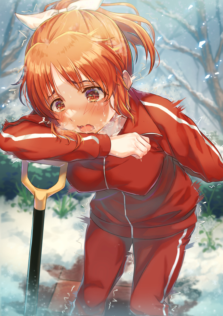 1girl :o abe_nana absurdres arm_behind_back arm_rest blush bow breasts breath cold feet_out_of_frame hair_bow highres idolmaster idolmaster_cinderella_girls idolmaster_cinderella_girls_starlight_stage jacket looking_afar medium_breasts orange_hair outdoors pain pants red_jacket red_pants short_ponytail shovel solo tearing_up trembling wari_sando