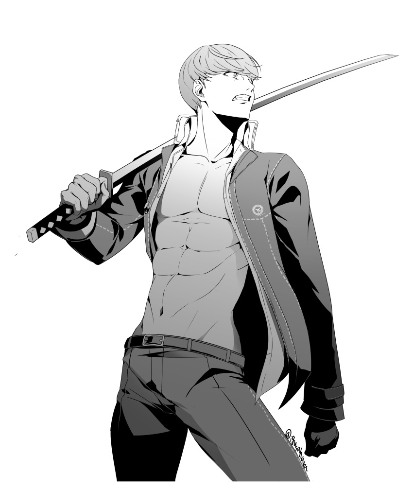 1boy absurdres asymmetrical_gloves belt belt_buckle buckle clenched_teeth collarbone collared_shirt dress_shirt gloves greyscale highres holding holding_sword holding_weapon igusaharu jacket katana male_focus manly midriff monochrome narukami_yuu navel open_clothes open_jacket open_shirt pants persona persona_4 school_uniform shirt short_hair solo stomach sword teeth twitter_username weapon wing_collar yasogami_school_uniform