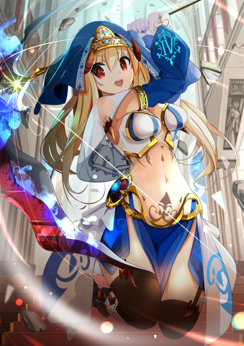 1girl blonde_hair bodypaint breasts chain_chronicle clip_studio_paint_(medium) detached_sleeves gloves habit highres horns large_breasts long_hair midriff navel onasuba open_mouth original red_eyes revealing_clothes scythe solo thigh-highs very_long_hair