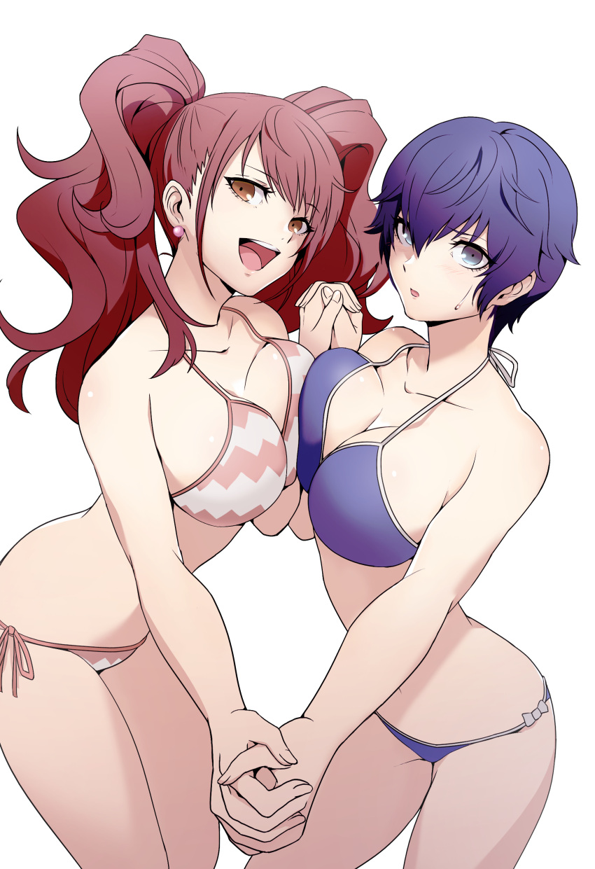 2girls absurdres alternate_breast_size bangs bikini blue_bikini blue_eyes bob_cut breast_press breasts brown_eyes brown_hair collarbone earrings hair_between_eyes halterneck highres holding_hands igusaharu interlocked_fingers jewelry kujikawa_rise large_breasts long_hair looking_at_viewer multiple_girls open_mouth persona persona_4 pink_bikini pink_ribbon purple_hair ribbon shirogane_naoto short_hair side-tie_bikini sideboob simple_background sweatdrop swimsuit symmetrical_docking white_background