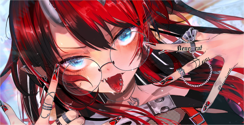 1girl bangs black_hair blue_eyes chain commentary_request demon_girl demon_horns dutch_angle ear_piercing earrings fishnet_top fishnets glasses highres horns jewelry long_hair looking_at_viewer multicolored_hair nail_polish necklace official_alternate_costume open_mouth piercing pince-nez pointy_ears red_nails redhead ring round_eyewear ryugasaki_rene solo sugar_lyric tokikosann tongue tongue_out tongue_piercing two-tone_hair upper_body virtual_youtuber