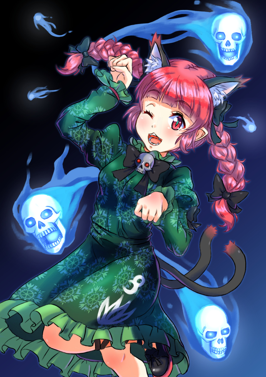 1girl ;3 ;d animal_ear_fluff arm_up blue_fire blush braid dark_background extra_ears fire flaming_skull floating_hair floating_skull foot_out_of_frame gradient gradient_background hands_up highres hitodama jouzou kaenbyou_rin long_hair looking_at_viewer one_eye_closed open_mouth paw_pose pointy_ears red_eyes redhead simple_background slit_pupils smile solo teeth tongue touhou twin_braids twintails