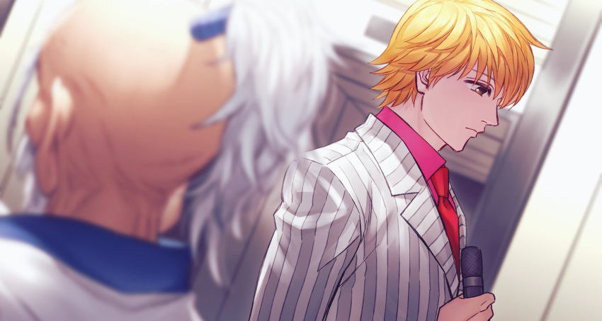 2boys blonde_hair brown_eyes formal from_side highres holding holding_microphone hunter_x_hunter indoors isaac_netero male_focus microphone multiple_boys pariston_hill ponytail solo_focus sss14sana suit