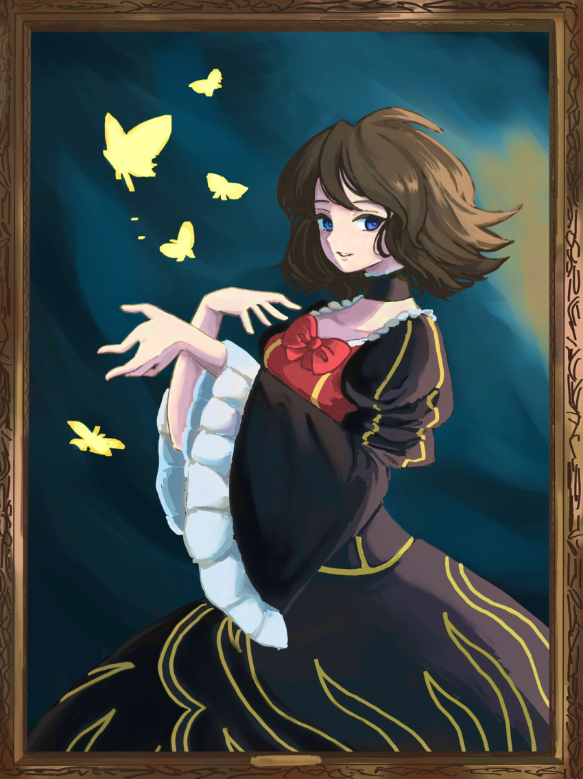1girl aramosaurus black_choker blue_eyes bow brown_hair bug butterfly character_request choker highres lace-trimmed_choker lace_trim looking_at_viewer medium_hair picture_frame red_bow solo umineko_no_naku_koro_ni