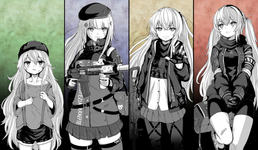 404_(girls'_frontline) 4girls angry assault_rifle bag beret bulletproof_vest commentary_request duffel_bag english_text fingerless_gloves g11_(girls'_frontline) german_text girls_frontline gloves gun h&amp;k_hk416 h&amp;k_ump h&amp;k_ump45 hat highres hk416_(girls'_frontline) holding holding_gun holding_weapon multiple_girls numazume rifle sad sad_smile submachine_gun suspenders tactical_clothes trigger_discipline ump45_(girls'_frontline) ump9_(girls'_frontline) weapon younger