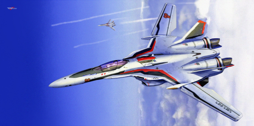 aircraft airplane asterozoa canopy_(aircraft) clouds copyright_name fighter_jet flying highres jet logo macross macross_frontier mecha military military_vehicle no_humans sky solo_focus thrusters vehicle_focus vf-25