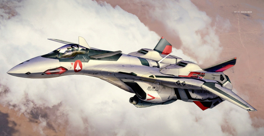 1boy aircraft airplane asterozoa canopy_(aircraft) character_name clouds fighter_jet helmet highres isamu_dyson jet macross macross_plus mecha military military_vehicle pilot_suit science_fiction solo variable_fighter vehicle_focus yf-19
