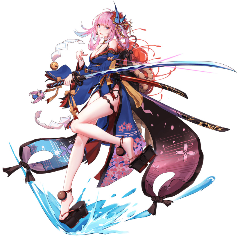 1girl anklet ark_order bare_legs black_footwear blue_eyes cloud_print feet floral_print flower hair_flower hair_ornament highres holding holding_sword holding_weapon japanese_clothes jewelry katana kimono looking_at_viewer medium_hair official_art okobo ootachi pink_hair ribbon suseri-hime_(ark_order) sword tassel thigh_ribbon transparent_background water weapon you_ni_ge_shaobing
