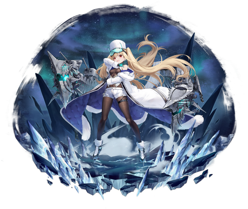 1girl artist_request azur_lane bangs bare_shoulders blonde_hair breasts coat eyebrows_visible_through_hair fur_hat gloves goggles goggles_on_head hat highres loincloth long_hair long_sleeves looking_at_viewer machinery medium_breasts off_shoulder official_art open_clothes open_mouth red_eyes shorts smile solo soobrazitelny_(azur_lane) tied_hair transparent_background turret twintails ushanka white_shorts