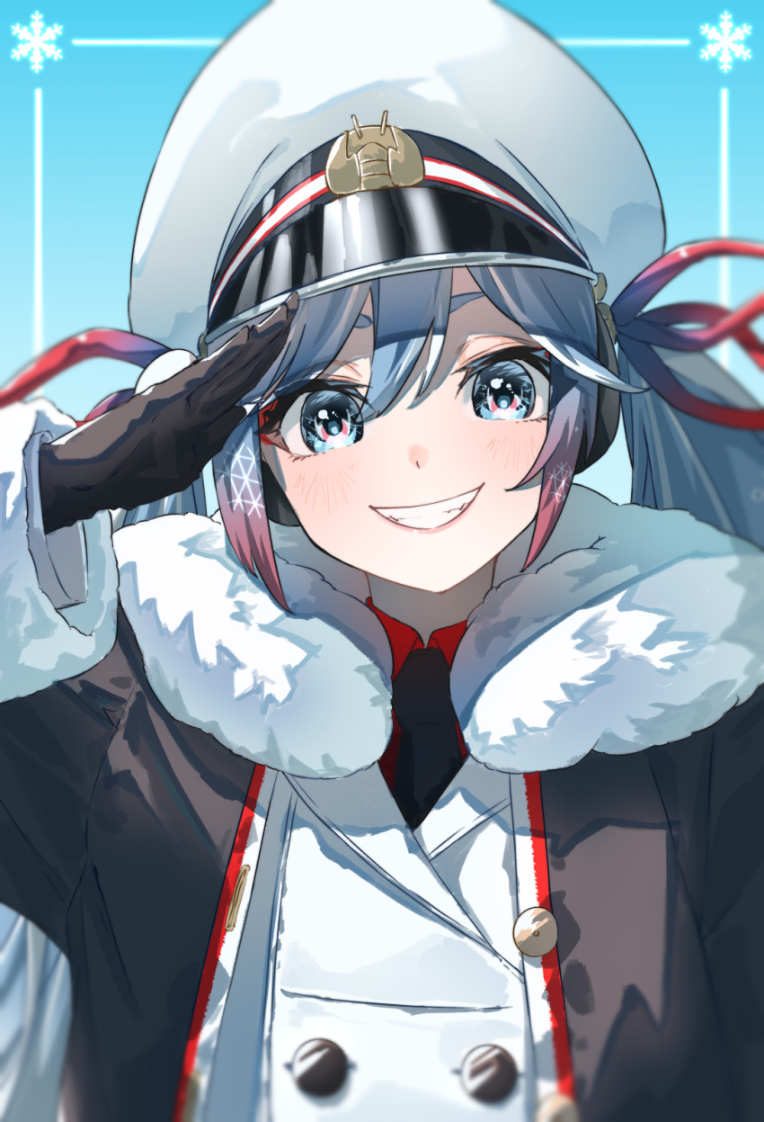 1girl azusa_(azunyan12) bangs black_gloves black_jacket black_necktie blue_background blue_eyes blue_hair buttons collared_shirt colored_tips double-breasted fur-trimmed_jacket fur-trimmed_sleeves fur_trim gloves gradient grin hair_ribbon hat headphones highres hood hooded_jacket jacket long_sleeves looking_at_viewer multicolored_hair necktie peaked_cap red_shirt redhead ribbon salute shirt sidelocks smile snowflakes solo straight-on streaked_hair twintails upper_body vocaloid white_headwear yuki_miku_(2022)