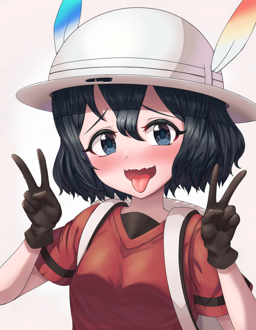 1girl absurdres backpack bag black_eyes black_gloves black_hair blush double_v eyebrows_visible_through_hair gloves highres kaban_(kemono_friends) kemono_friends looking_at_viewer neukkom open_mouth red_shirt shirt short_hair short_sleeves smile solo tongue tongue_out upper_body v wavy_hair