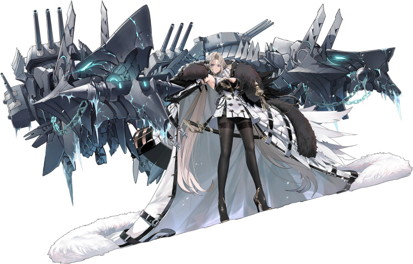1girl armpits azur_lane bangs blonde_hair blue_eyes breasts clenched_hand coat coat_on_shoulders dishwasher1910 dress elbow_gloves full_body fur_trim gloves gold_trim hair_ornament high_heels highres kronshtadt_(azur_lane) large_breasts long_hair looking_at_viewer machinery mole mole_on_breast official_art pantyhose short_dress standing sword transparent_background turret very_long_hair weapon