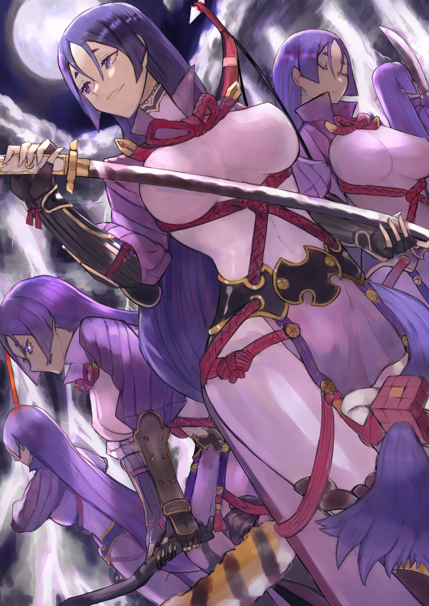 5girls absurdres arm_guards armor axe bangs bodysuit bow_(weapon) breasts clone closed_eyes collar dark_background electricity fate/grand_order fate_(series) gyamu_(chewing-gum) hairband highres japanese_armor japanese_clothes katana large_breasts loincloth looking_to_the_side minamoto_no_raikou_(fate) moon multiple_girls multiple_persona naginata night night_sky parted_bangs polearm purple_bodysuit purple_hair ribbed_sleeves ribbon rope scabbard serious sheath short_hair sky smile sword very_short_hair violet_eyes weapon wide_sleeves