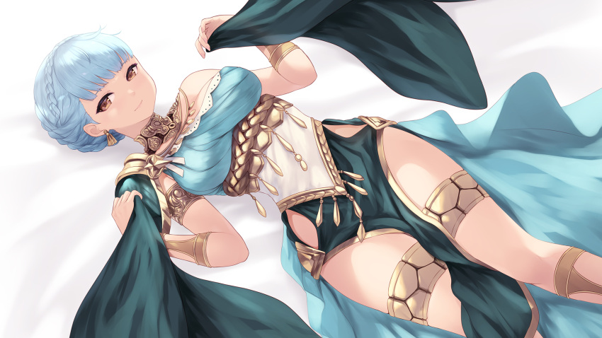1girl armlet bangs blue_hair braid breasts brown_eyes cait_aron crown_braid dancer dancer_(three_houses) dress earrings eyebrows_behind_hair fire_emblem fire_emblem:_three_houses hair_bun highres jewelry large_breasts looking_at_viewer lying marianne_von_edmund multicolored_clothes multicolored_dress official_alternate_costume on_back pelvic_curtain single-shoulder_dress solo thighlet