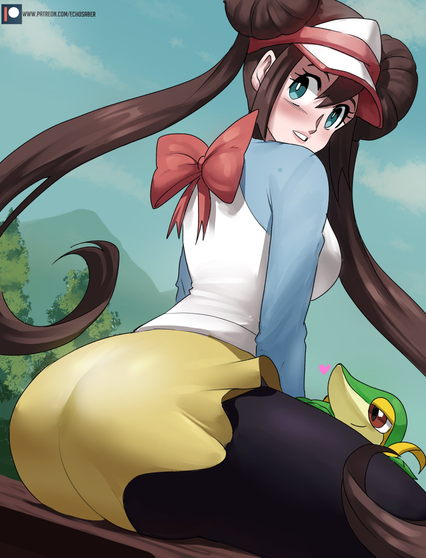 1girl absurdres ass black_legwear blue_eyes blue_sky blush bow breasts brown_hair collarbone commentary double_bun echo_saber heart highres legwear_under_shorts long_hair looking_back older outdoors pantyhose parted_lips pokemon pokemon_(creature) pokemon_(game) pokemon_bw2 raglan_sleeves red_bow rosa_(pokemon) shorts sitting sky snivy tree twintails visor_cap yellow_shorts